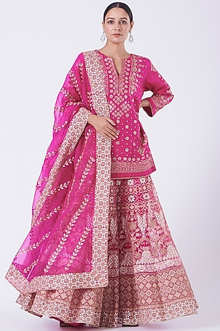 French Fuchsia Hand Embroidered Sharara Set by Kavita Bhartia