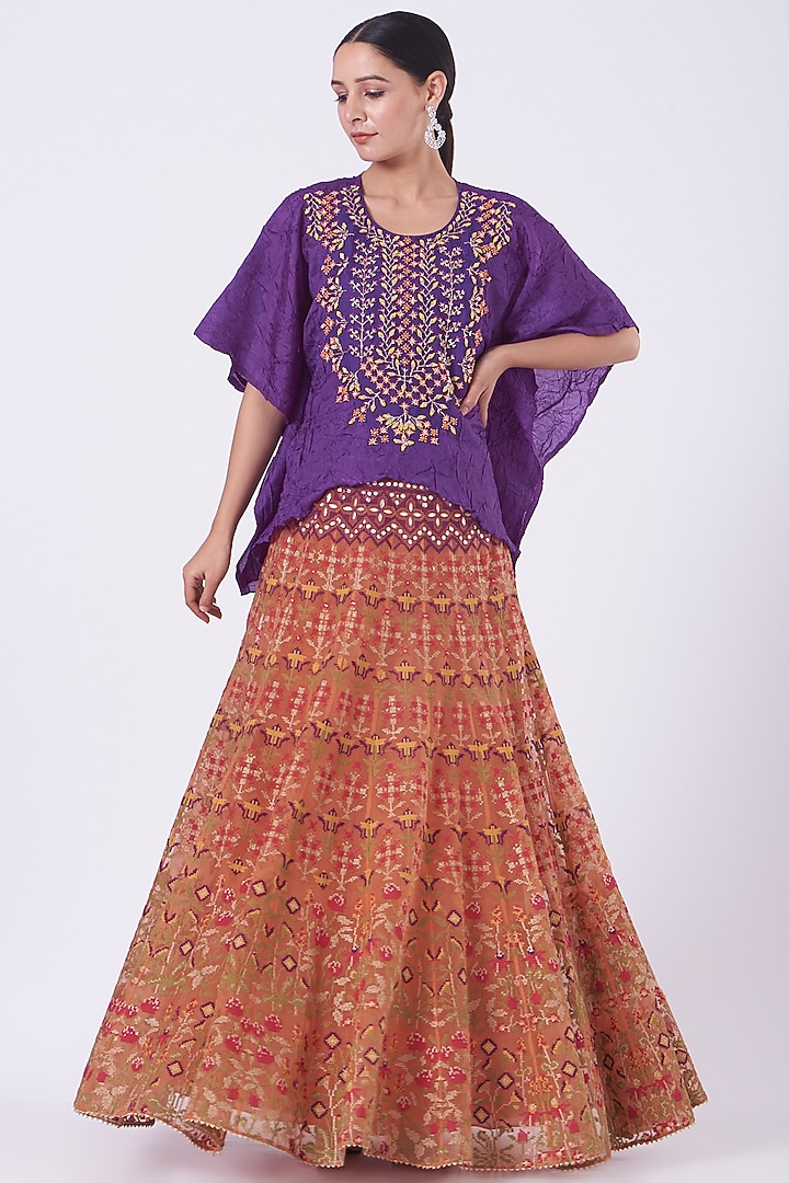 Rust Orange Cross Stitch Embroidered Skirt Set by Kavita Bhartia at Pernia's Pop Up Shop