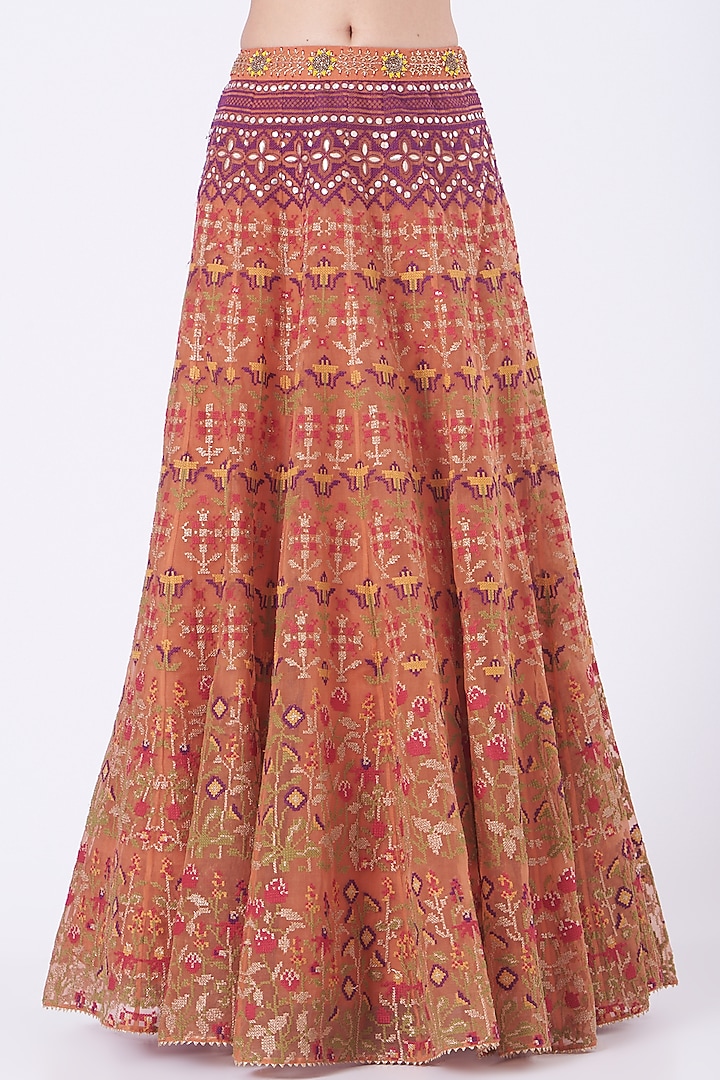 Rust Orange Cross Stitch Embroidered Skirt Set by Kavita Bhartia at Pernia's Pop Up Shop