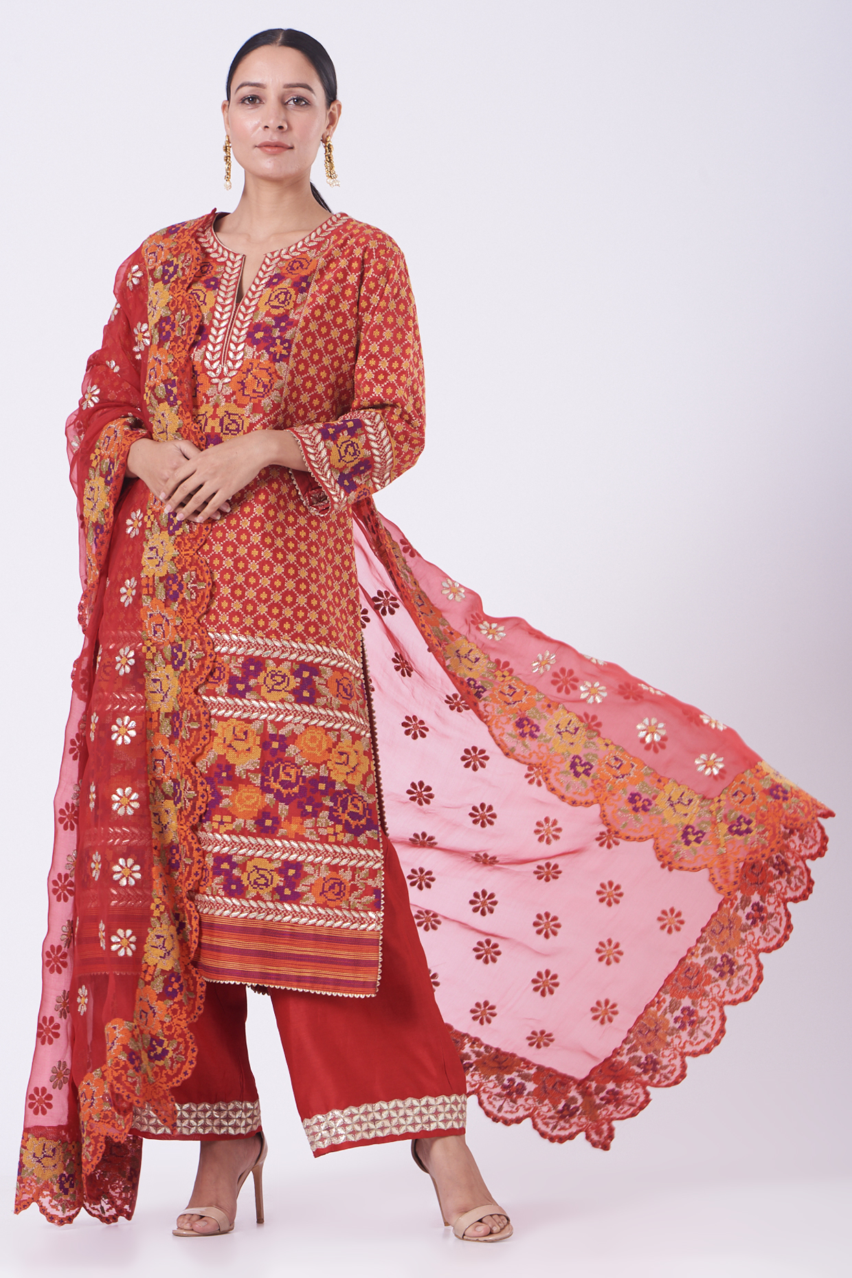 Rust Red Embroidered Kurta Set by Kavita Bhartia at Pernia's Pop Up Shop