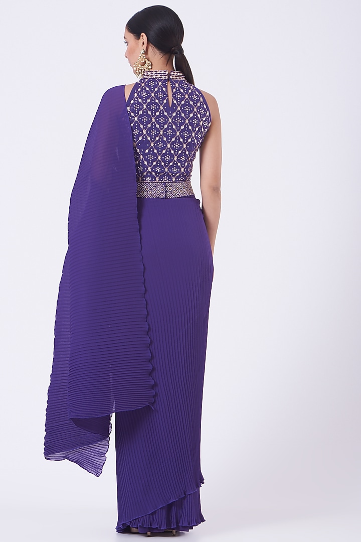 Indigo Crinkle Georgette Pre-Stitched Wedding Saree Set by Kavita Bhartia at Pernia's Pop Up Shop