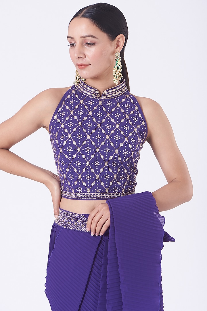 Indigo Crinkle Georgette Pre-Stitched Wedding Saree Set by Kavita Bhartia at Pernia's Pop Up Shop