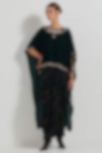 Bottle Green Velvet Hand Block Printed Cowl Skirt Set by Kavita Bhartia at Pernia's Pop Up Shop