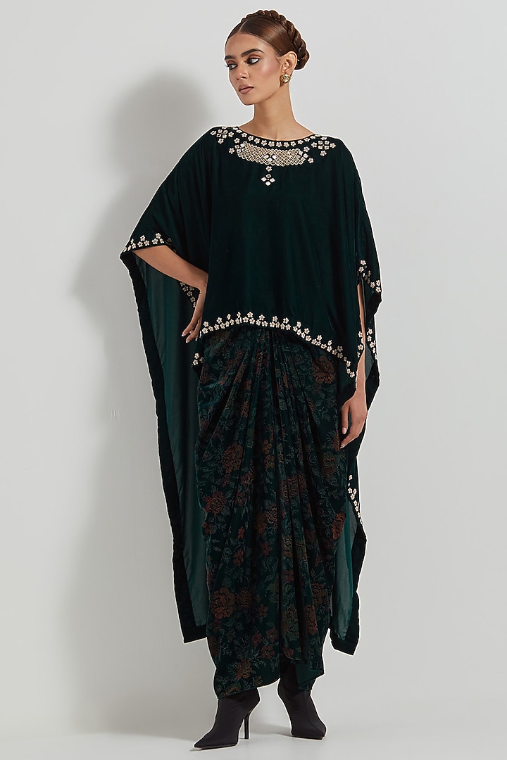 Bottle Green Velvet Hand Block Printed Cowl Skirt Set by Kavita Bhartia at Pernia's Pop Up Shop