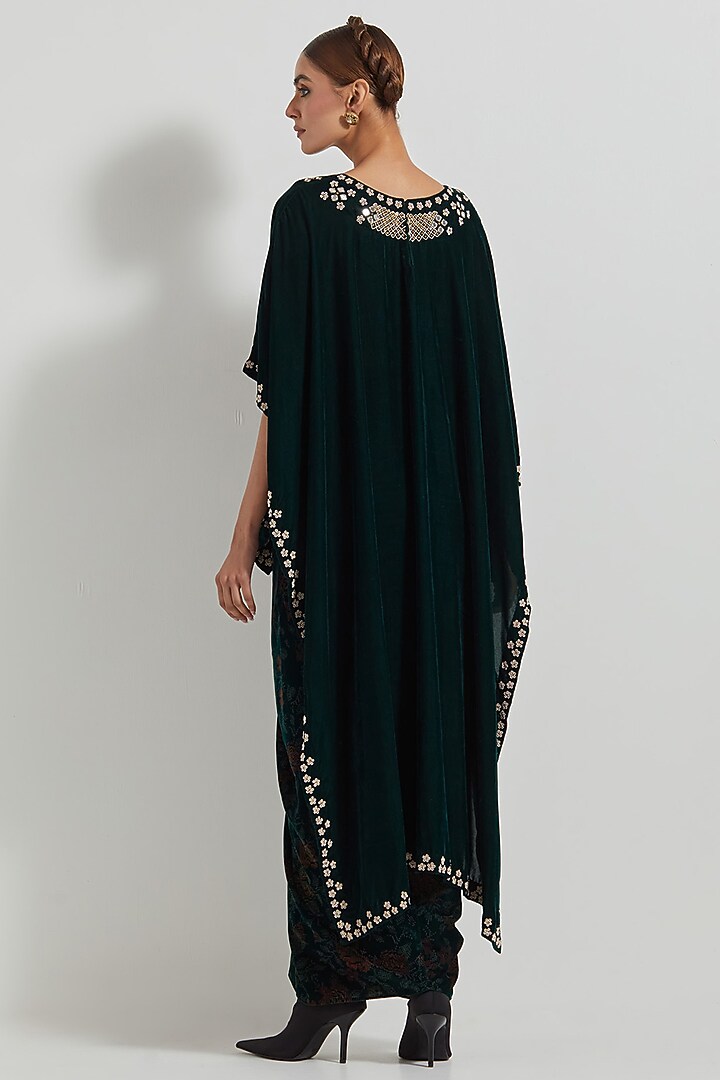 Bottle Green Velvet Hand Block Printed Cowl Skirt Set by Kavita Bhartia at Pernia's Pop Up Shop
