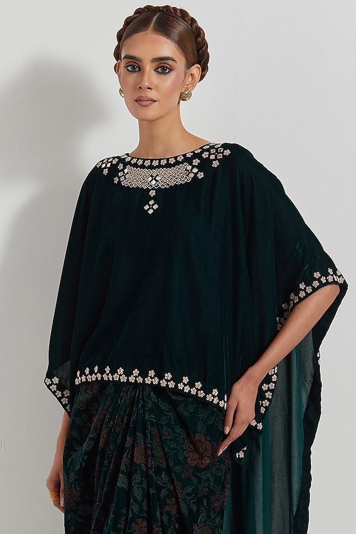 Bottle Green Velvet Hand Block Printed Cowl Skirt Set by Kavita Bhartia at Pernia's Pop Up Shop