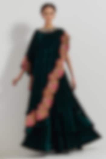 Bottle Green Velvet Hand Embroidered Asymmetric Cape Set by Kavita Bhartia at Pernia's Pop Up Shop
