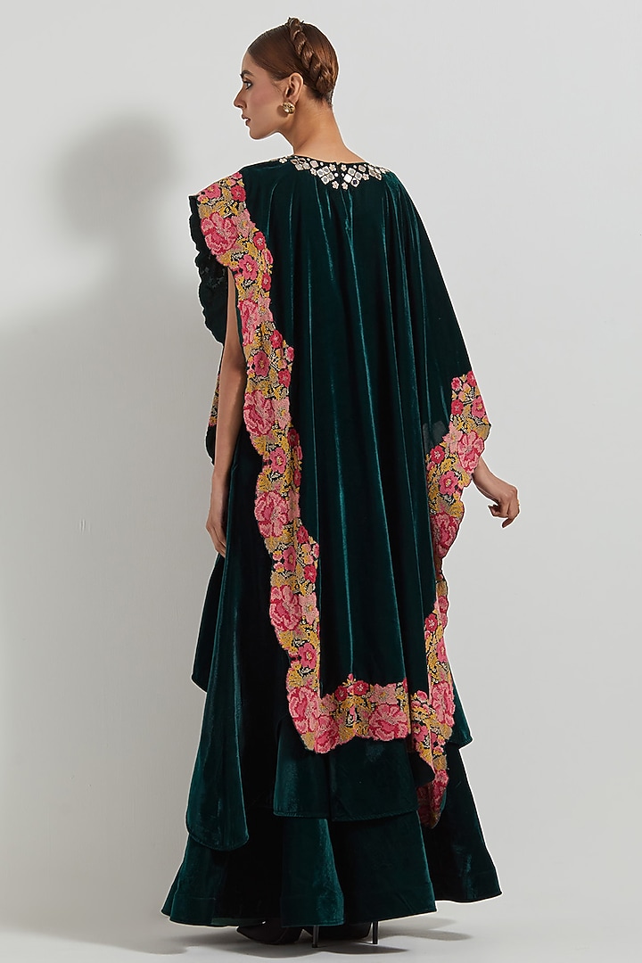 Bottle Green Velvet Hand Embroidered Asymmetric Cape Set by Kavita Bhartia at Pernia's Pop Up Shop