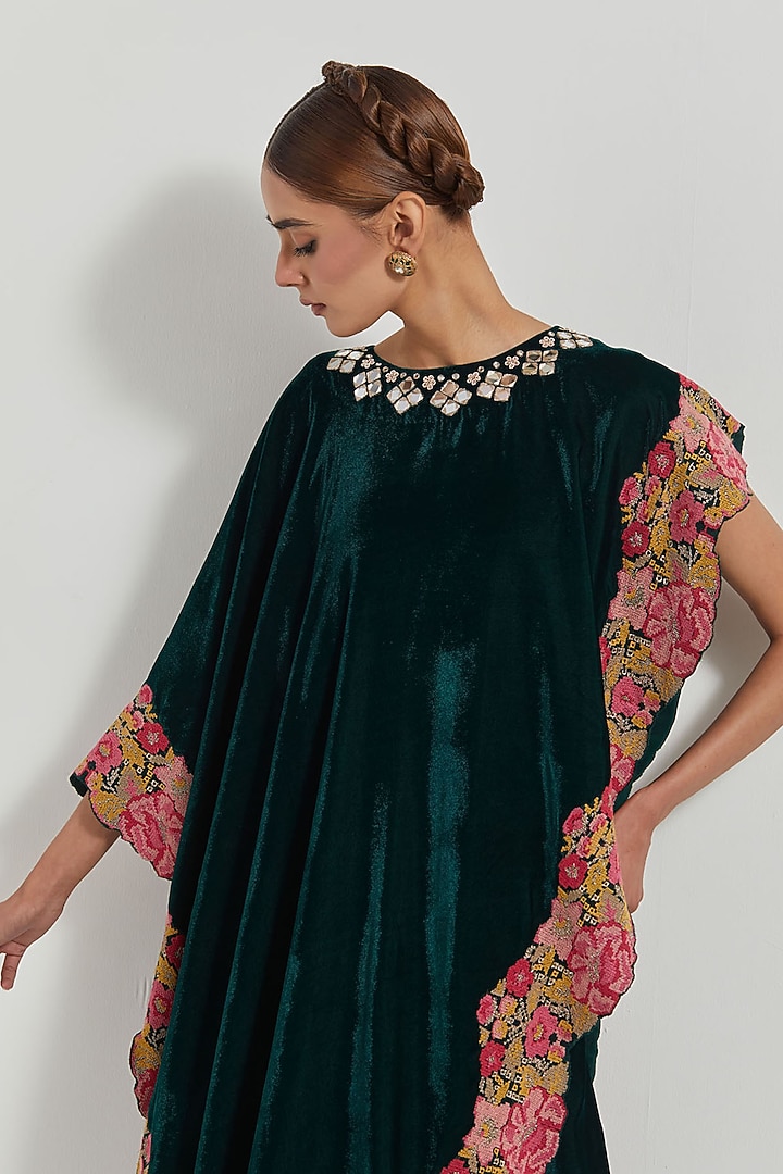 Bottle Green Velvet Hand Embroidered Asymmetric Cape Set by Kavita Bhartia at Pernia's Pop Up Shop
