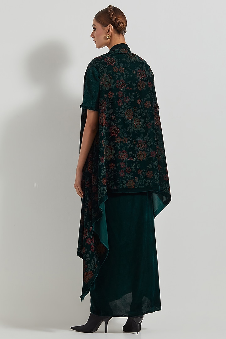 Bottle Green Velvet Draped Skirt Set by Kavita Bhartia at Pernia's Pop Up Shop