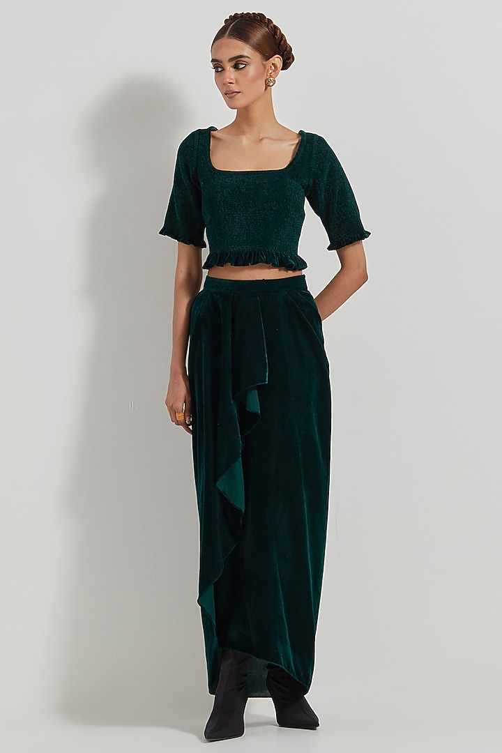 Bottle Green Velvet Draped Skirt Set by Kavita Bhartia at Pernia's Pop Up Shop