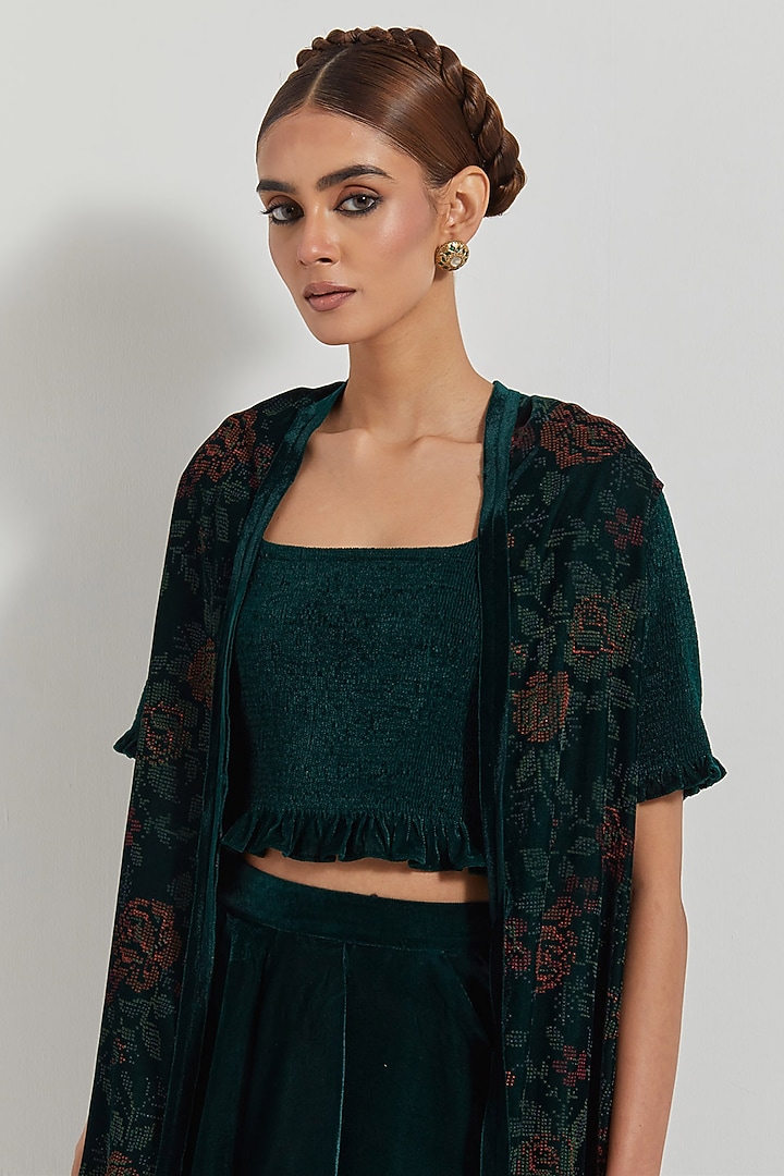 Bottle Green Velvet Draped Skirt Set by Kavita Bhartia at Pernia's Pop Up Shop