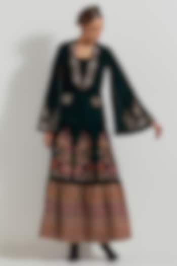 Bottle Green Velvet Hand Embellished Jacket Set by Kavita Bhartia at Pernia's Pop Up Shop