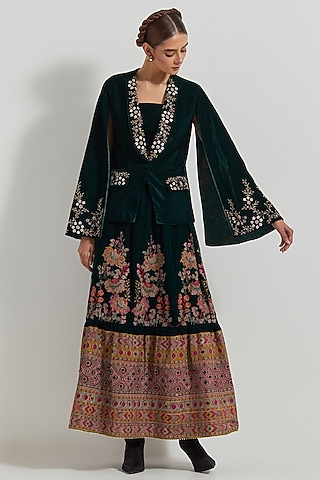 Bottle Green Velvet Hand Embellished Jacket Set by Kavita Bhartia