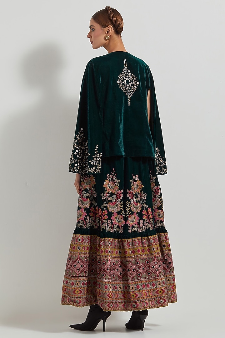 Bottle Green Velvet Hand Embellished Jacket Set by Kavita Bhartia at Pernia's Pop Up Shop