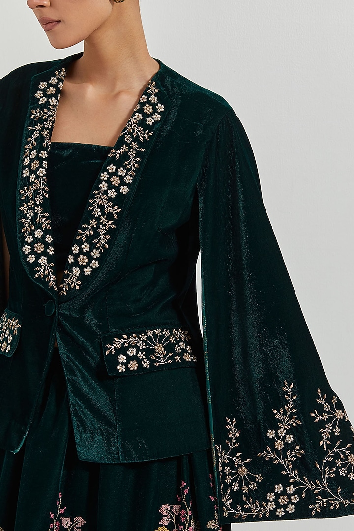Bottle Green Velvet Hand Embellished Jacket Set by Kavita Bhartia at Pernia's Pop Up Shop