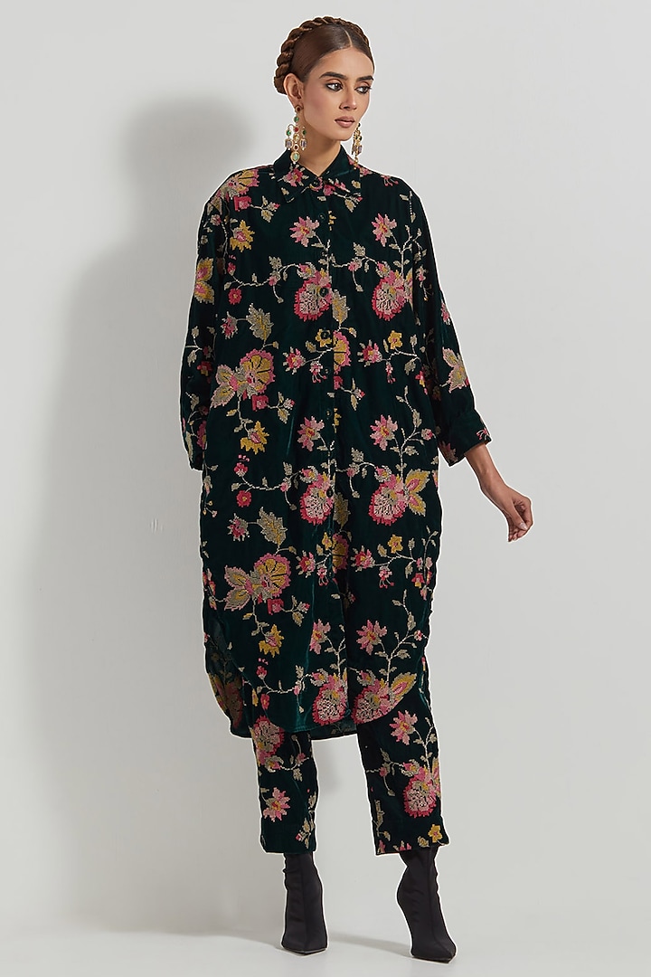 Bottle Green Velvet Embroidered Co-Ord Set by Kavita Bhartia at Pernia's Pop Up Shop