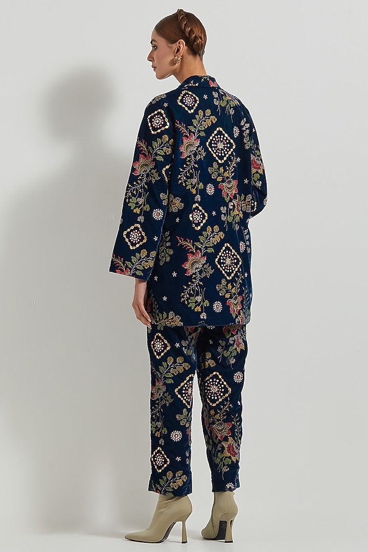 Teal Velvet Hand Embroidered Co-Ord Set by Kavita Bhartia at Pernia's Pop Up Shop