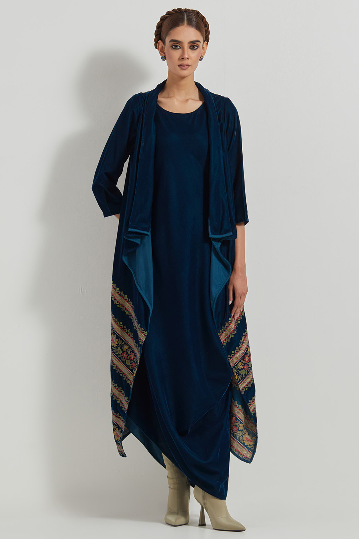 Teal Velvet Maxi Dress With Embroidered Cape by Kavita Bhartia at Pernia's Pop Up Shop