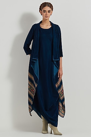 Teal Velvet Maxi Dress With Embroidered Cape by Kavita Bhartia