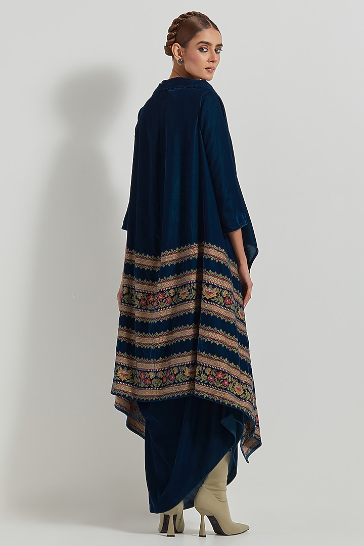 Teal Velvet Maxi Vacation Dress With Embroidered Cape by Kavita Bhartia at Pernia's Pop Up Shop
