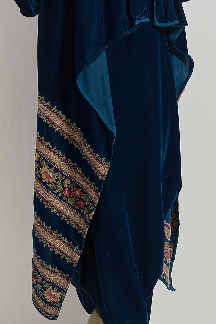 Teal Velvet Maxi Vacation Dress With Embroidered Cape by Kavita Bhartia at Pernia's Pop Up Shop