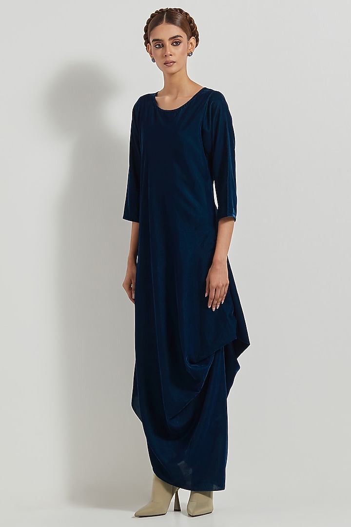 Teal Velvet Maxi Vacation Dress With Embroidered Cape by Kavita Bhartia at Pernia's Pop Up Shop