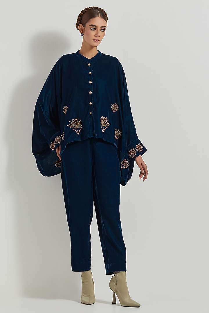 Teal Velvet Zardosi & Floral Embellished Co-Ord Set by Kavita Bhartia at Pernia's Pop Up Shop
