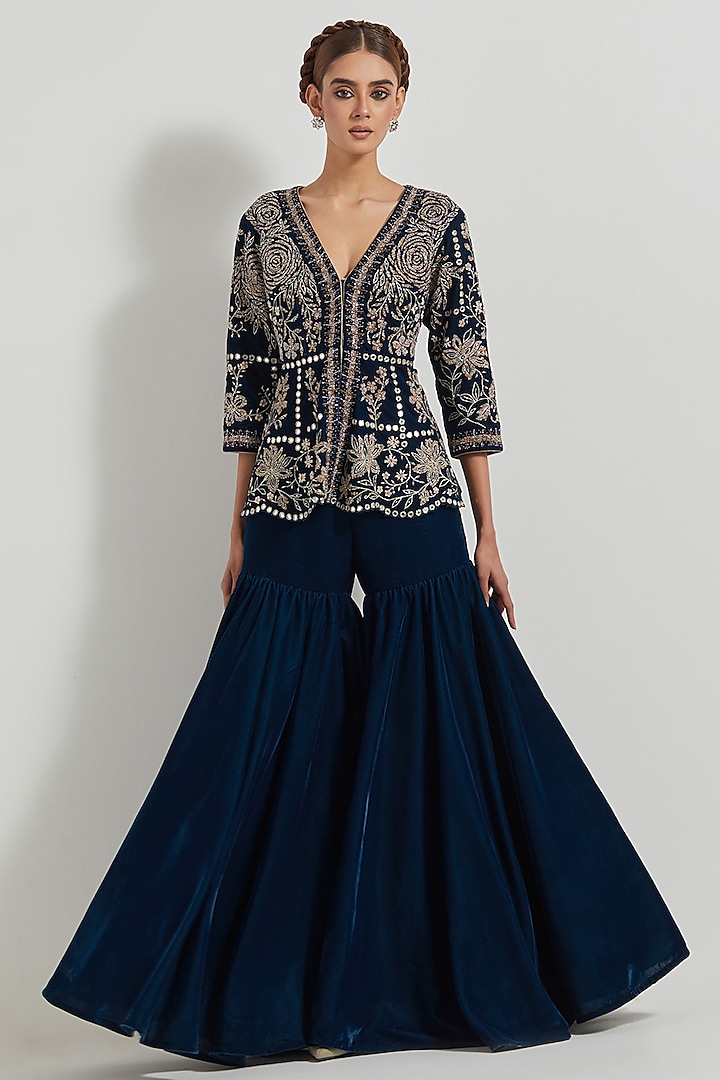 Teal Velvet Gharara Set by Kavita Bhartia at Pernia's Pop Up Shop