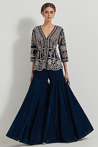 Teal Velvet Gharara Set by Kavita Bhartia