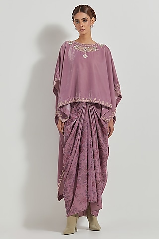 Lavender Velvet Hand Block Printed Cowl Skirt Set by Kavita Bhartia