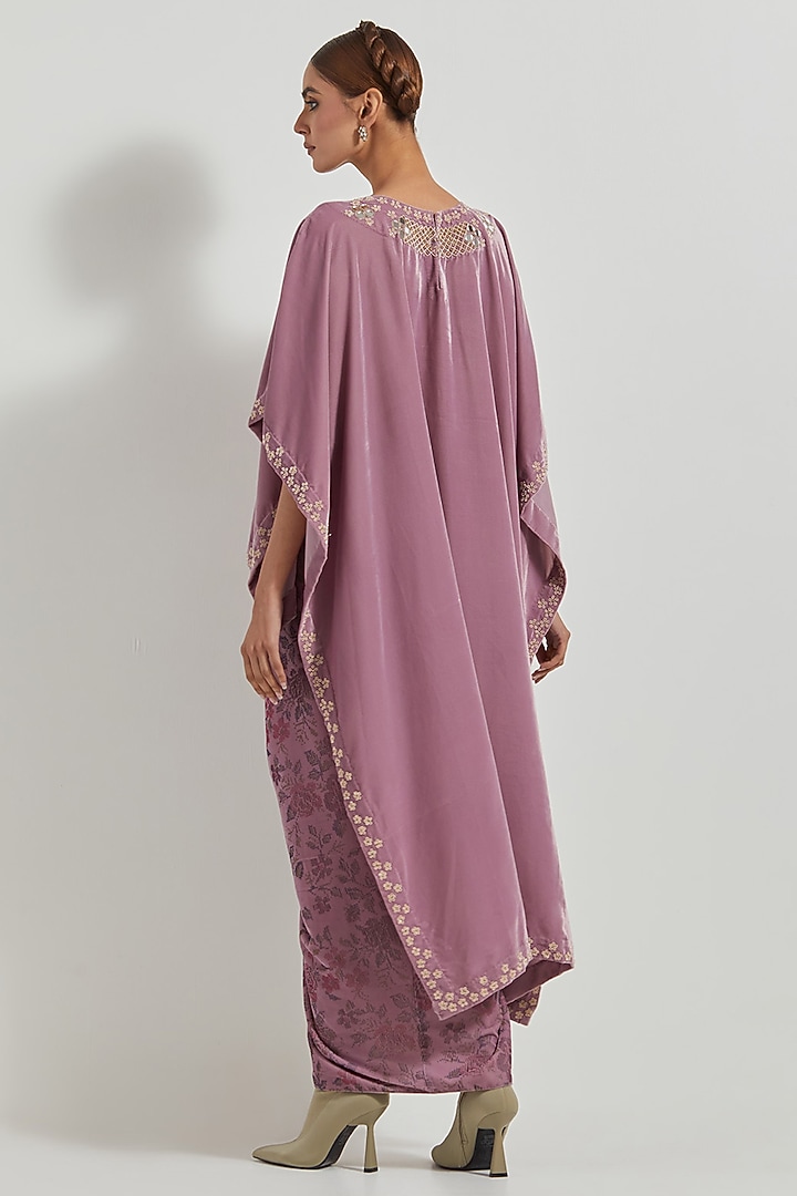 Lavender Velvet Hand Block Printed Cowl Skirt Set by Kavita Bhartia at Pernia's Pop Up Shop