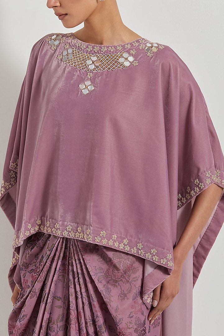 Lavender Velvet Hand Block Printed Cowl Skirt Set by Kavita Bhartia at Pernia's Pop Up Shop