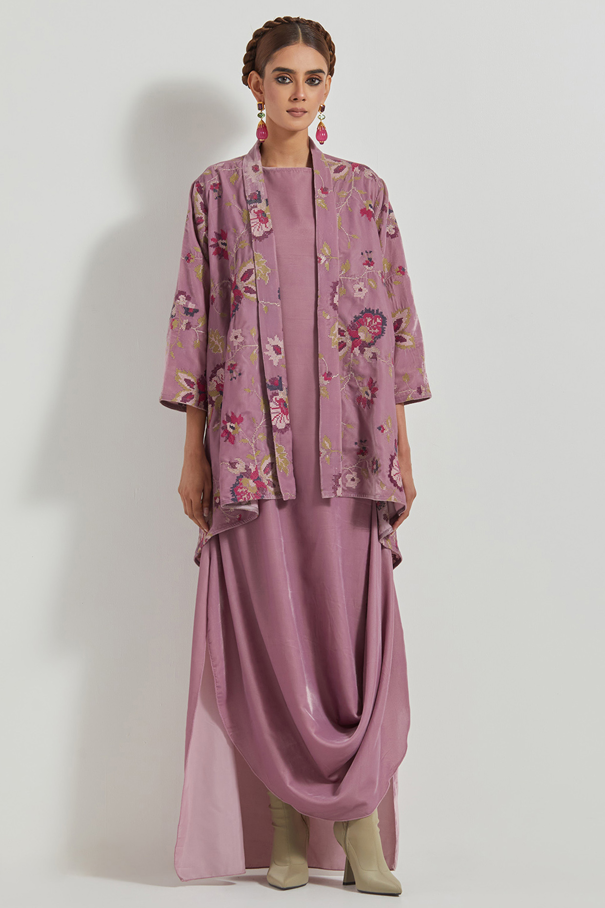 Lavender Velvet Draped Maxi Dress With Embroidered Jacket by Kavita Bhartia at Pernia's Pop Up Shop