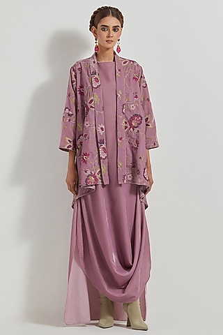 Lavender Velvet Draped Maxi Dress With Embroidered Jacket by Kavita Bhartia