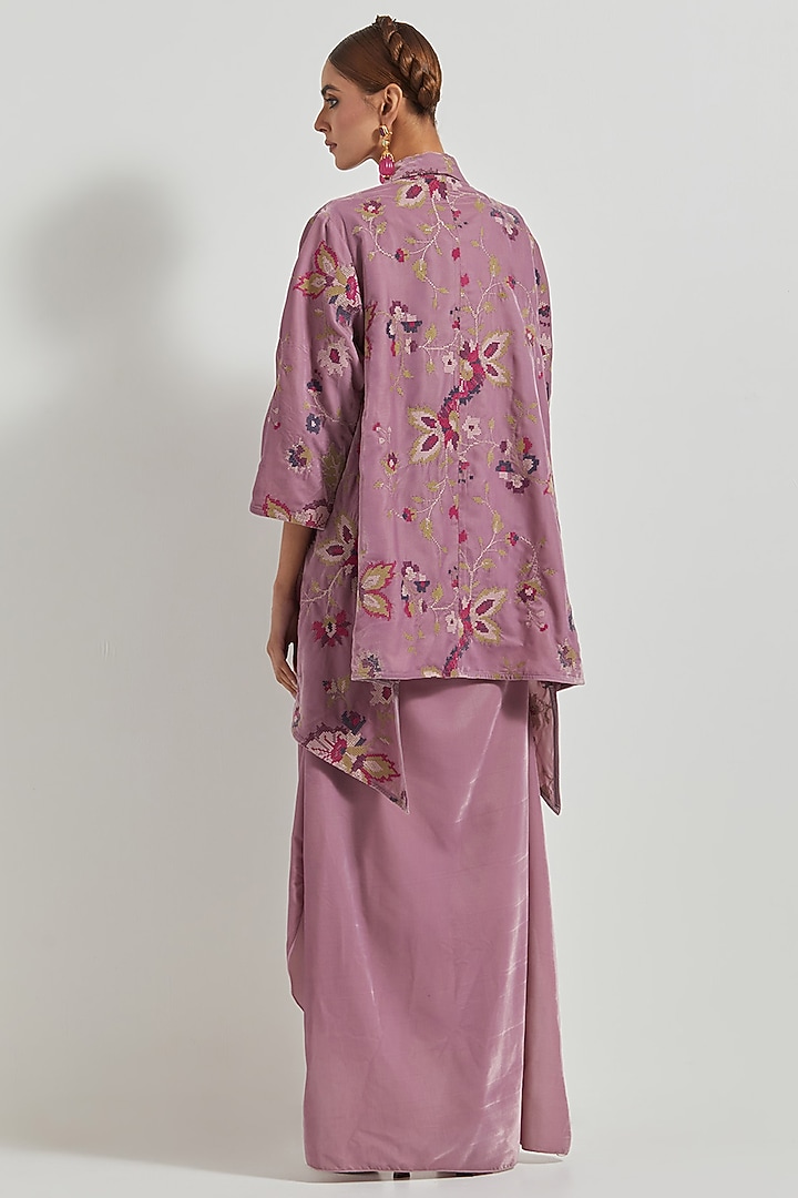 Lavender Velvet Draped Maxi Vacation Dress With Embroidered Jacket by Kavita Bhartia at Pernia's Pop Up Shop