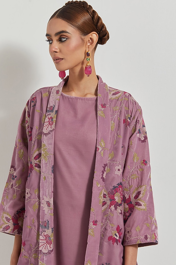 Lavender Velvet Draped Maxi Vacation Dress With Embroidered Jacket by Kavita Bhartia at Pernia's Pop Up Shop