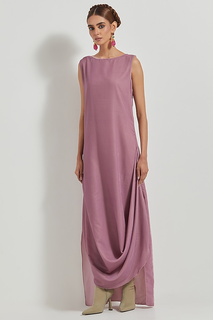 Lavender Velvet Draped Maxi Vacation Dress With Embroidered Jacket by Kavita Bhartia at Pernia's Pop Up Shop