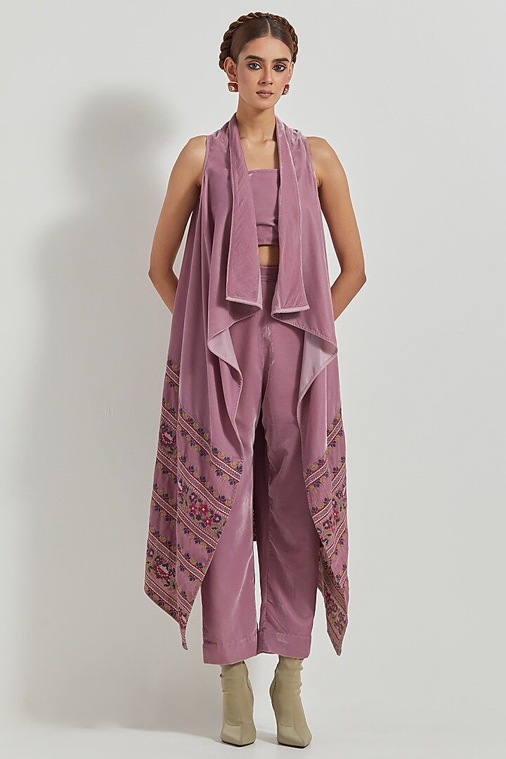 Lavender Velvet Embroidered Co-Ord Set by Kavita Bhartia at Pernia's Pop Up Shop