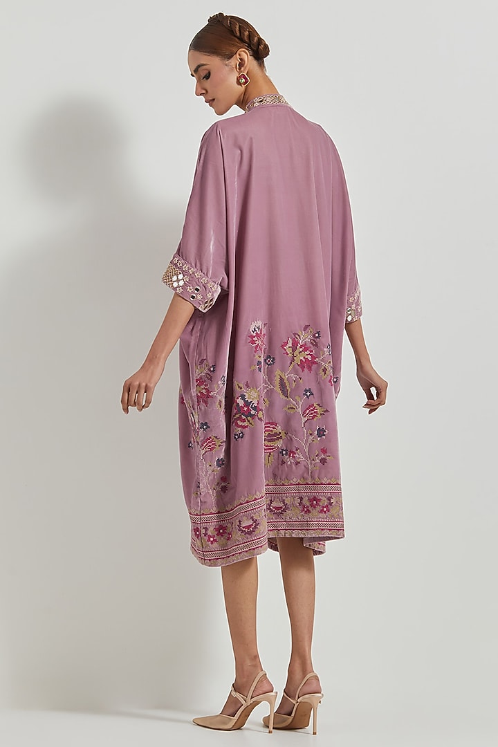 Lavender Velvet Hand Embellished Midi Vacation Dress by Kavita Bhartia at Pernia's Pop Up Shop