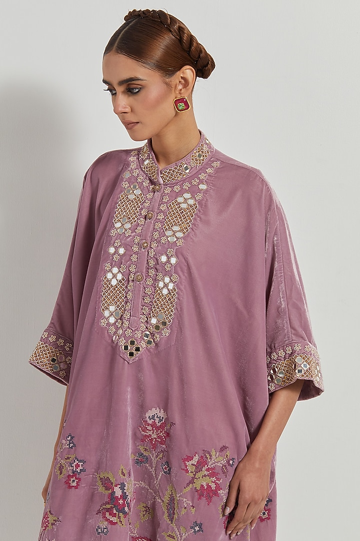 Lavender Velvet Hand Embellished Midi Vacation Dress by Kavita Bhartia at Pernia's Pop Up Shop