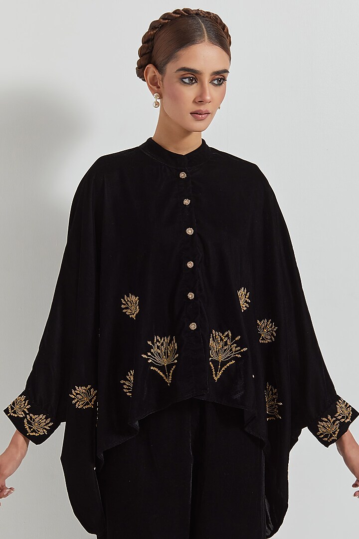Black Velvet Zardosi & Floral Embellished Co-Ord Set by Kavita Bhartia at Pernia's Pop Up Shop
