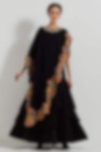 Black Velvet Hand Embroidered Asymmetric Cape Set by Kavita Bhartia at Pernia's Pop Up Shop