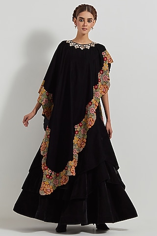 Black Velvet Hand Embroidered Asymmetric Cape Set by Kavita Bhartia