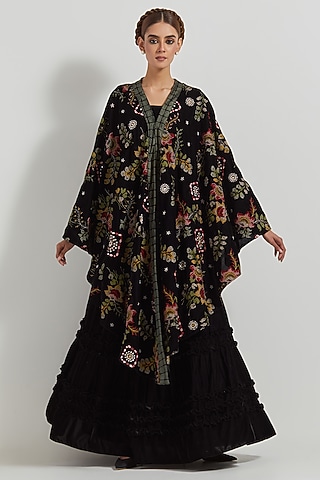 Black Velvet Hand Embroidered Cape Set by Kavita Bhartia