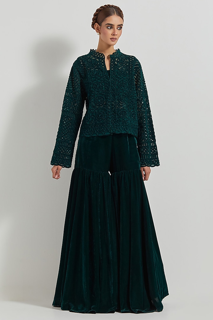 Bottle Green Velvet Sharara Set by Kavita Bhartia at Pernia's Pop Up Shop