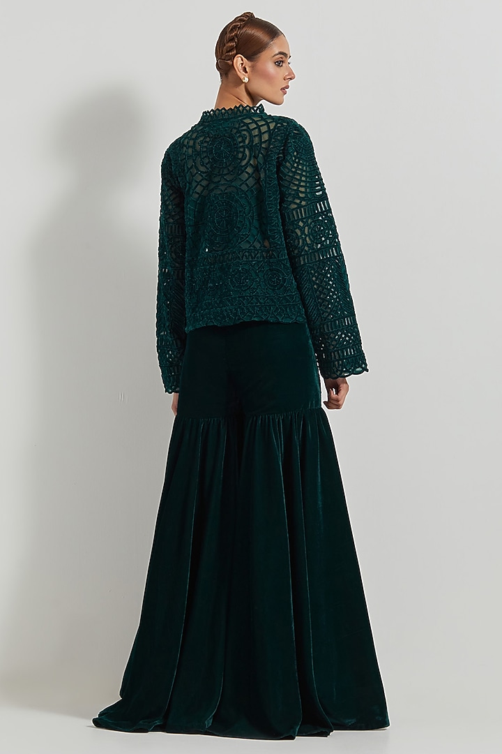 Bottle Green Velvet Wedding Sharara Set by Kavita Bhartia at Pernia's Pop Up Shop