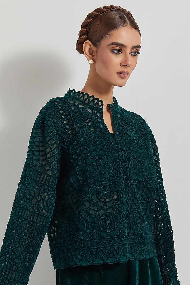 Bottle Green Velvet Wedding Sharara Set by Kavita Bhartia at Pernia's Pop Up Shop