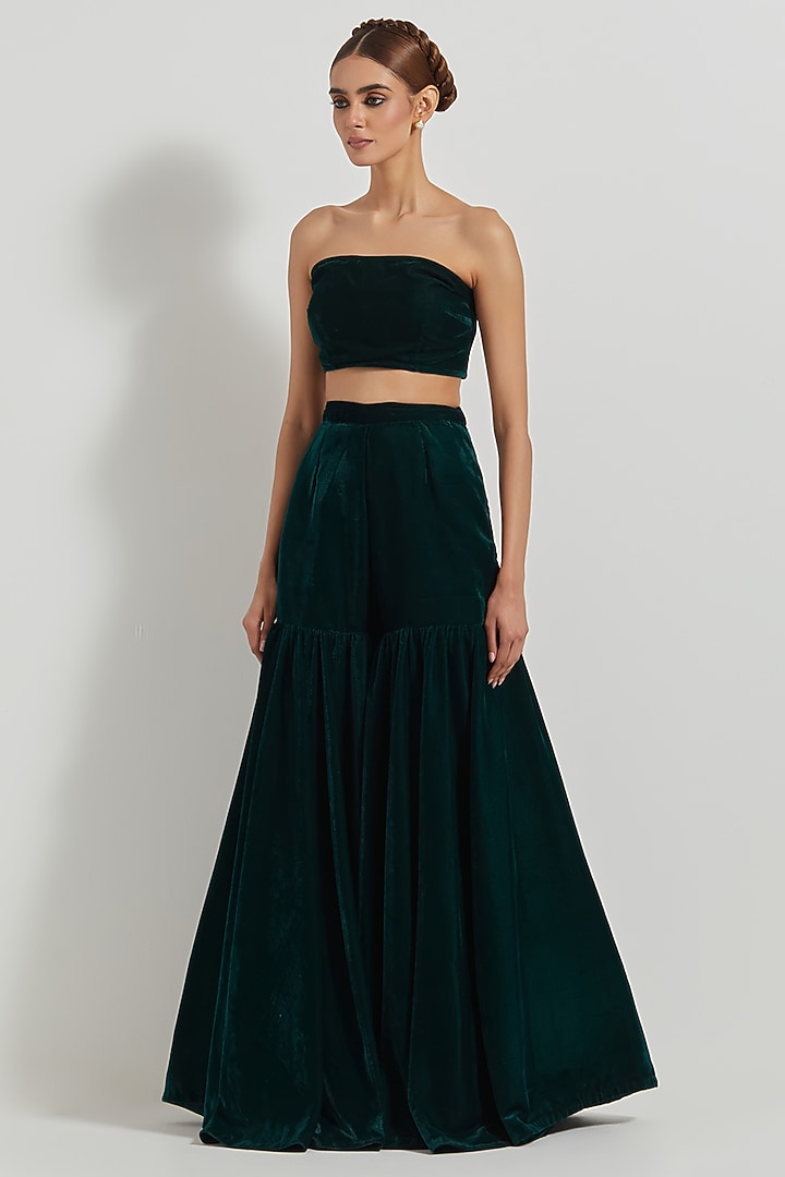 Bottle Green Velvet Wedding Sharara Set by Kavita Bhartia at Pernia's Pop Up Shop