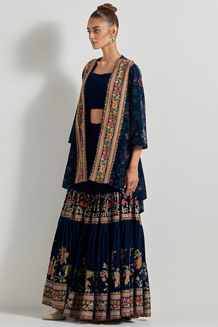 Teal Velvet Pleated Wedding Sharara Set by Kavita Bhartia at Pernia's Pop Up Shop